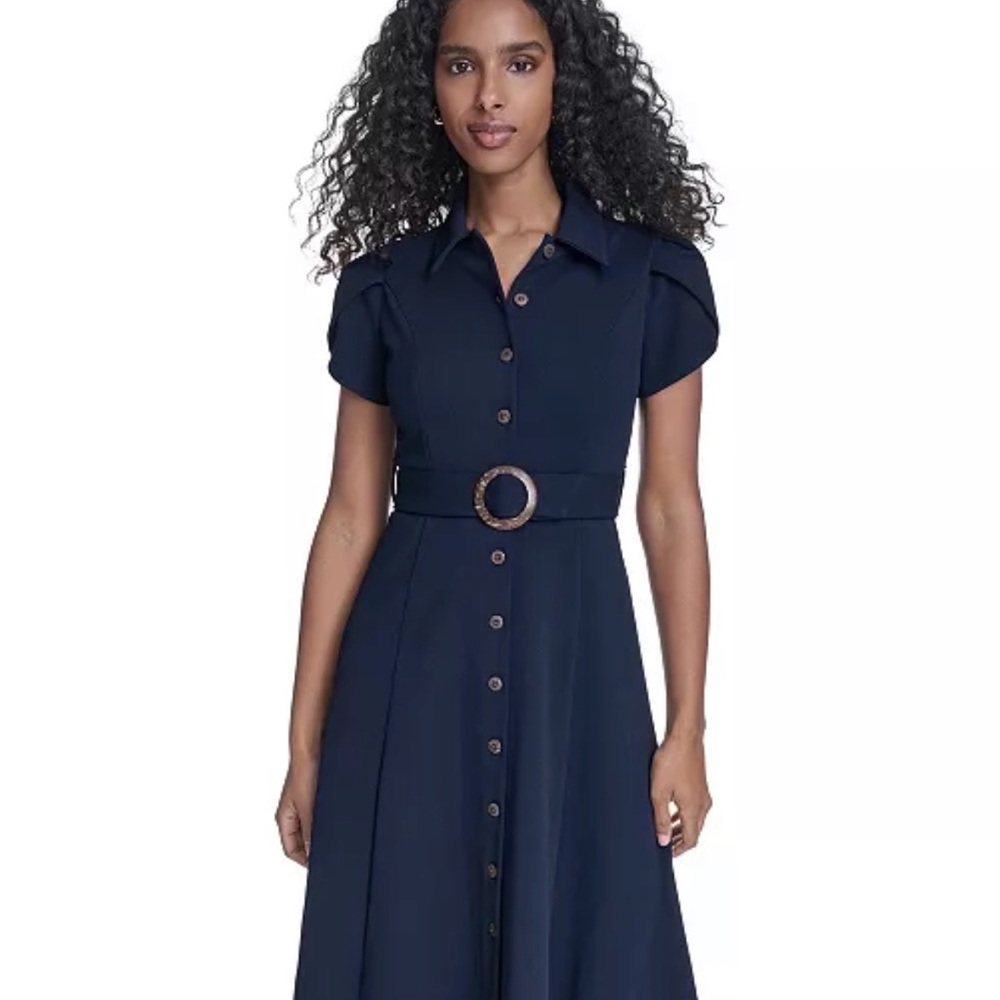 Calvin Klein Navy Button-Front Midi Shirtdress with Belt